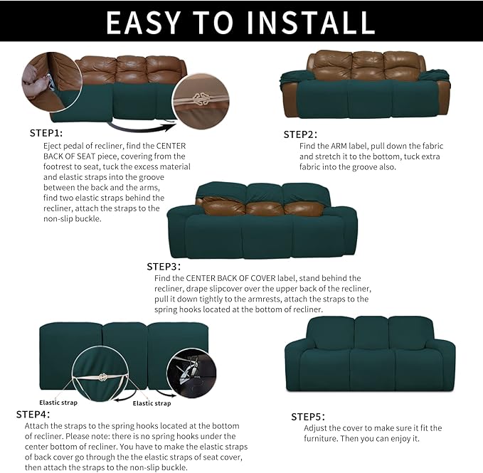 Easy-Going 8 Pieces Microfiber Stretch Sectional Recliner Sofa Slipcover Soft Fitted Fleece 3 Seats Couch Cover Washable Furniture Protector with Elasticity for Kids Pet(Recliner Sofa, Deep Teal)