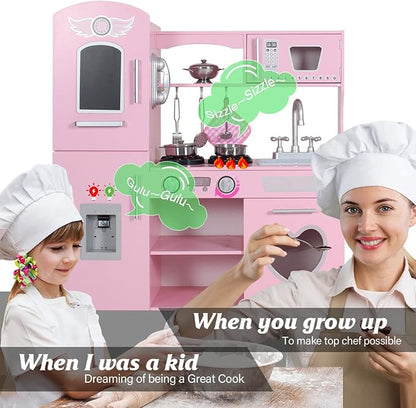 TaoHFE LED Upgrade Kitchen Set for Kids Wooden Play Kitchen LED Gas Tray with Sound Toy Kitchen Sets for Girls Gift Enjoy Cooking with Lights and Sounds Pink Kitchen for Toddlers Kids Kitchen Playset
