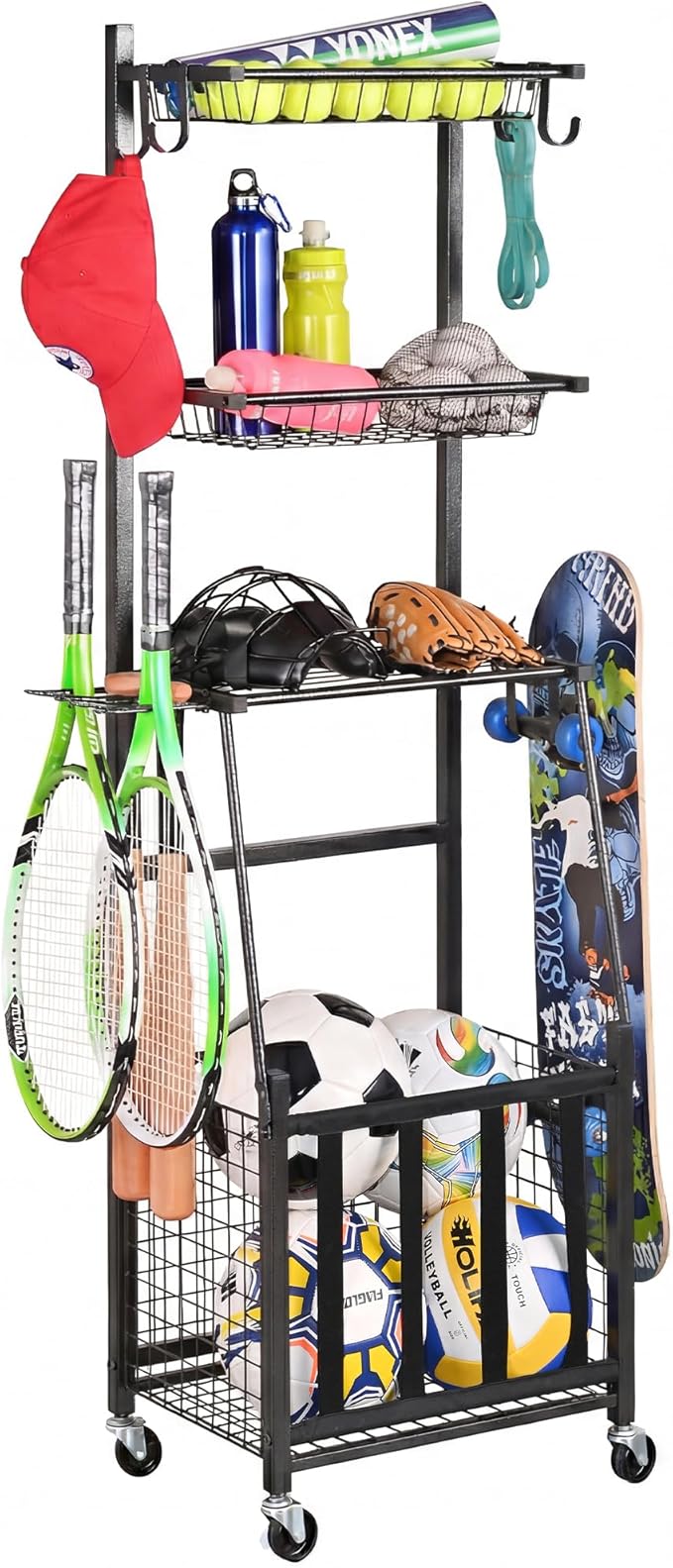 PLKOW Sports Equipment Storage for Garage, Indoor/Outdoor Sports Rack for Garage, Ball Storage Garage Organizer with Basket and Hooks,Toy/Sports Gear Storage