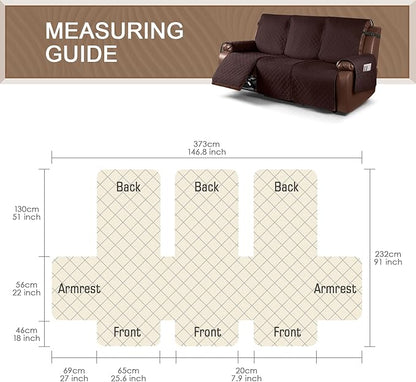 KinCam Waterproof Recliner Sofa Cover, Non-Slip Reclining Couch Covers for 3 Seat, Recliner Couch Cover Furniture Protector with Elastic Straps for Pets, Kids, Coffee