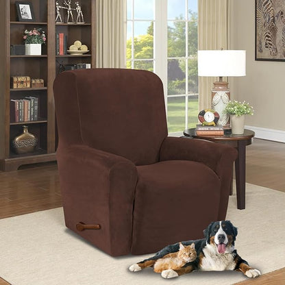 AZON Velvet Stretch Recliner Chair Cover,1-Piece Washable Recliner Couch Cover with Elastic Furniture Protector for Pets, Kids(Recliner, Chocolate)