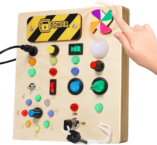 Busy Board with pinwheels Led Light, Wooden Educational Montessori Sensory Travel Toys for Toddlers 1-3, Fine Motor Skills Birthday Gifts for Boys Girls Toddlers 1 2 3