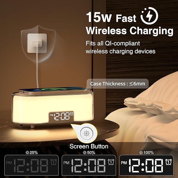Sunrise Alarm Clock with Simulation, Wake Up Light for Heavy Sleepers, Wireless Charging, Dual Alarms, Sleep Aid & Snooze, 7 Natural Sounds, 8 Night Light, Ideal for Kids Bedroom Gift
