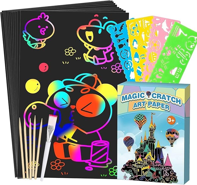 Smasiagon Scratch Paper Art Set for Kids: 60 Pcs Magic Black Scratch Off Art Crafts Kits Colorful Drawing Toys for 3-12 Year Old Girls Boys Halloween Party Favor Game DIY Birthday Christmas Gift