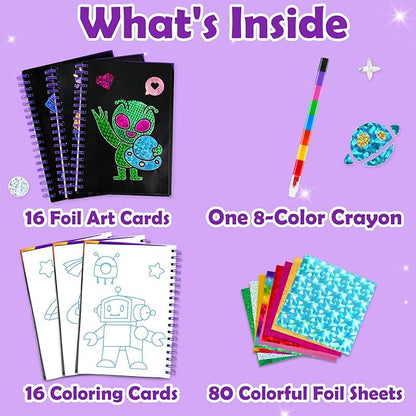 Foil Art Craft Activity for Kids: Fun DIY Toy Sticker Kit, No Mess Creative Travel Supply Set, Idea Birthday Easter Basket Stuffers Valentines Gift for Girl Boy Toddler 4 5 6 7 8 9 Year Old（Space）