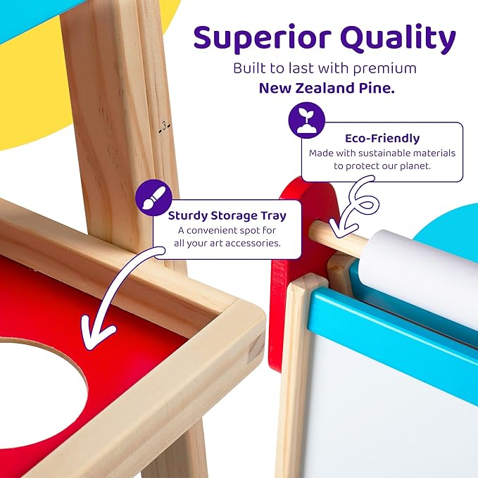 Blue Squid Art Easel for Kids - Dual-Sided Adjustable Wooden Painting Easels, Gift for Toddlers and Kid - with Magnetic Chalk Board, White Board & Paper Roll, (Multicolor +100 Accessories, Premium)
