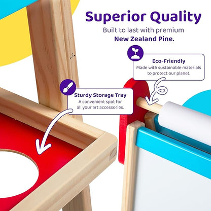 Blue Squid Art Easel for Kids - Dual-Sided Adjustable Wooden Painting Easels, Gift for Toddlers and Kid - with Magnetic Chalk Board, White Board & Paper Roll, (Multicolor +100 Accessories, Premium)