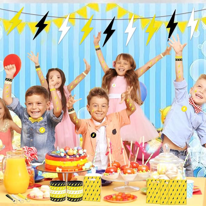 60 PCS Lightning Bolt Party Favors Temporary Tattoos, Silicone Bracelets, Badges, Keychains, Goodie Bags for Flash Lightning Bolt Birthday Decorations, Gifts for Kids