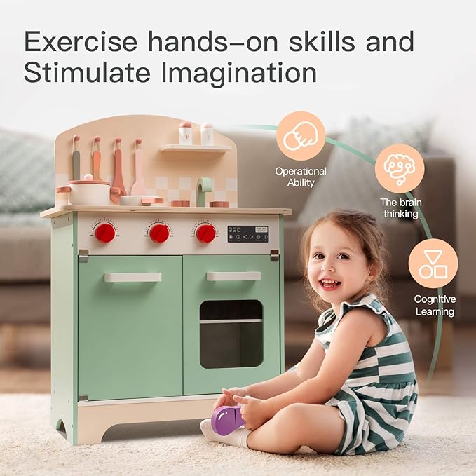 ROBUD Kids & Toddlers Kitchen Playset, Wooden Pretend Play Kitchen Set Toy Gift for Girls & Boys