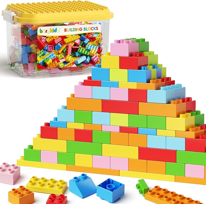 burgkidz 150PCS Jumbo Building Blocks with Clear Storage Box & Baseplate Lid - STEM Educational Toys for Toddlers 3+ Years, Compatible with Major Building Systems