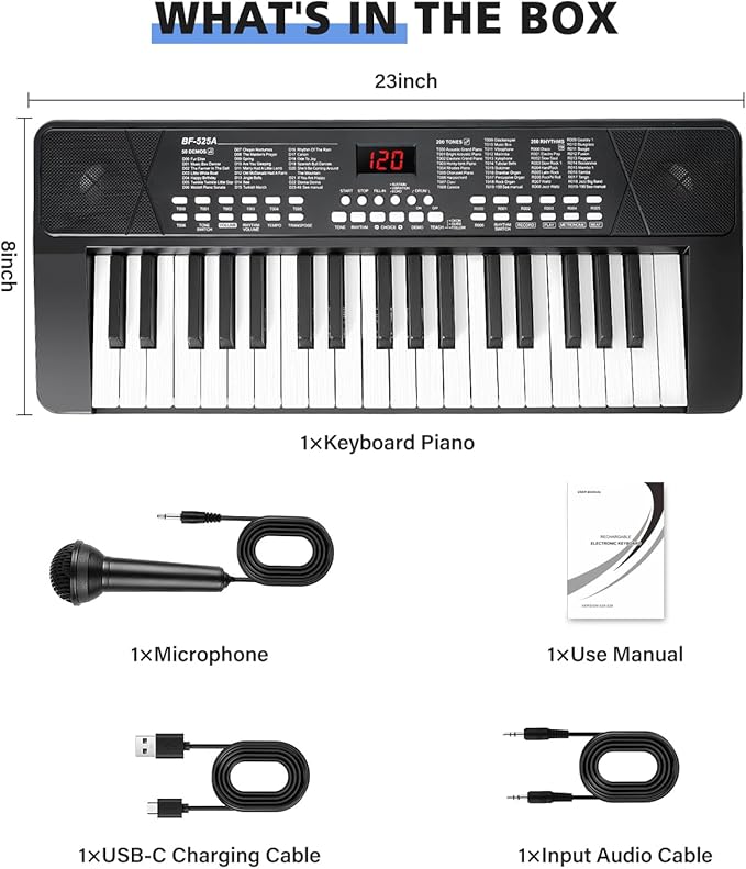 37 Keys Piano Keyboard for Beginners -1200mAh Rechargeable Electronic Musical Instrument with Mic LED Screen 200 Tones 200 Rhythms 50 Demos, Birthday Gift for Kids