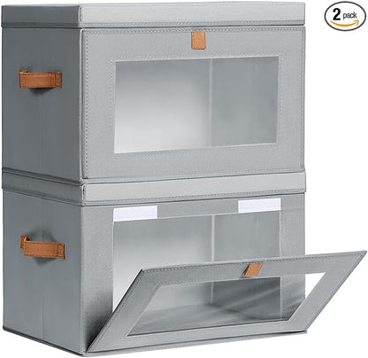 Homsorout Large Closet Storage Organizer - Clothes Storage Bins with Handles & Window, Collapsible Decorative Boxes with Lids, Fabric Containers for Living Room, Dorm, 2 Pack, Grey