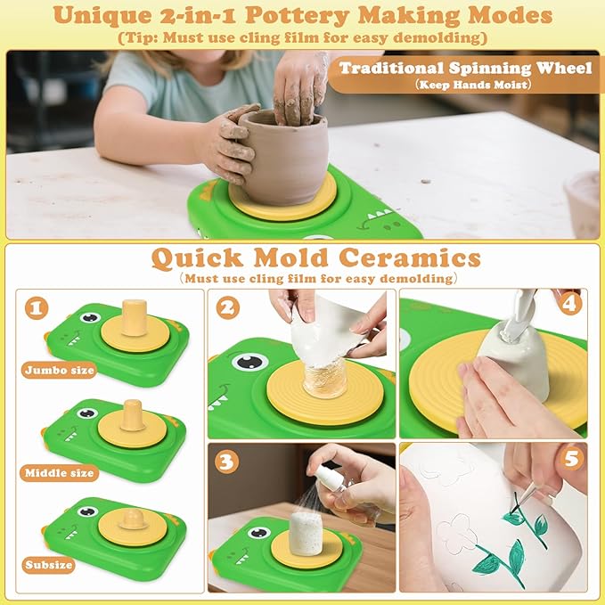 YOOIU Pottery Wheel for Kids, Complete Pottery Making Kit for Kids Ages 6-12, STEM Toys Arts Crafts with 4 Air-Dry Clays, Electric Children's Art Supplies Toy Birthday Gift for Girls 6-8-12