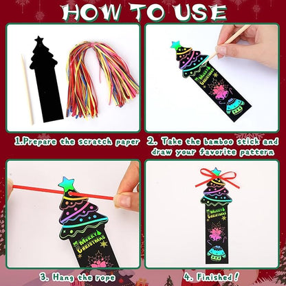 JUNEBRUSHS 30Pcs Christmas Scratch Bookmarks, Rainbow Magic Scratch Paper Art Christmas Tree Santa DIY Crafts Kit for Xmas Hanging Ornaments Christmas Party Favors Gifts