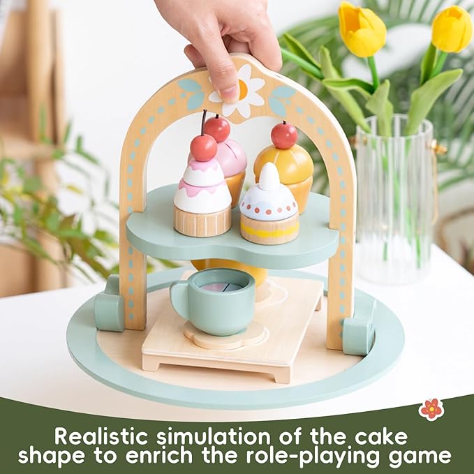 Garden Series Cake Toy Tea Party Set Desserts Food Toy with Cupcake Stand, Kids Pretend Play Kitchen Accessories, Wooden Play Food Set Toy Baking Gift for 3 4 5 Years Old Girls Boys