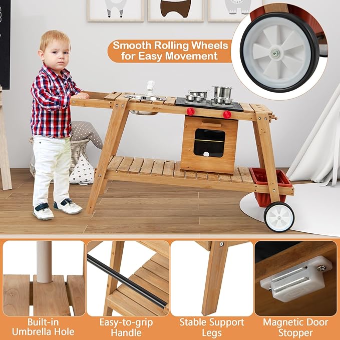 HONEY JOY Mud Kitchen with Umbrella, Wooden Rolling Mud Table Cart, Toddler Outdoor Kitchen Playset, Sink, Faucet, Planting Pots, Utensils, Storage Cabinet, Mud Kitchen for Kids Outdoor with Wheels