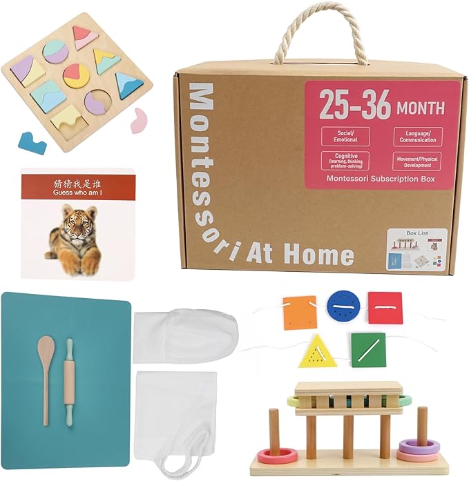 Montessori Toys for1 Year Old，25-36 Months, 5 in 1 Learning Educational Set Wooden Toys (Includes Guess who I am,Lacing, Baking Set, Land and Sky Two-Part Puzzle Board,Ring Slide)