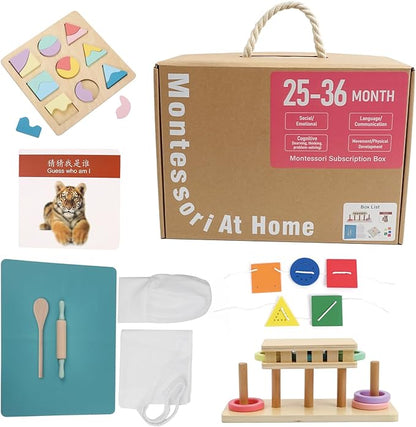 Montessori Toys for1 Year Old，25-36 Months, 5 in 1 Learning Educational Set Wooden Toys (Includes Guess who I am,Lacing, Baking Set, Land and Sky Two-Part Puzzle Board,Ring Slide)