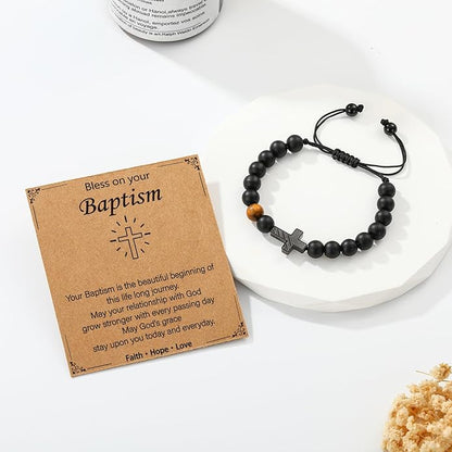 P. BLAKE First Communion Confirmation Baptism Gifts for Boys Teens, American Flag Cross Natural Beads Bracelet Christian Religious Jewelry Gifts for Teen Boys Kids