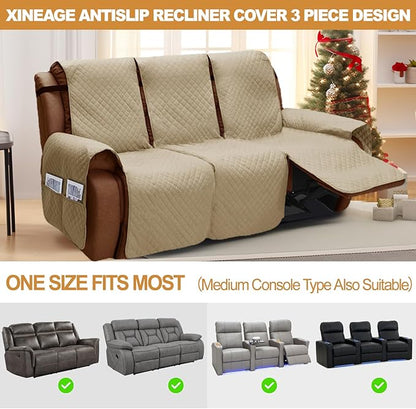 XINEAGE Water Resistant Recliner Cover, 3 seat Recliner Sofa Covers with Pockets, Quilted Thick Recliner Protector Cover for Dog Pets with Non Slip Backing and Strap (Recliner Sofa, Khaki)