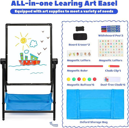 Kids Art Easel Double-Sided Easel Designed with Height Adjustable Function & Large Storage Bag Whiteboard & Chalkboard 360°Rotating Kids Drawing Easels for Kids Toddlers (26inch-43inch)