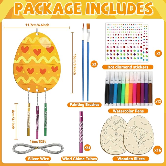 16 Pack Easter Egg Wind Chime Kits Easter Crafts for Kids Make Your Own Easter Egg Wind Chime Wooden DIY Arts and Crafts for Spring Party School Classroom Hanging Decoration Supplies Birthday Favors