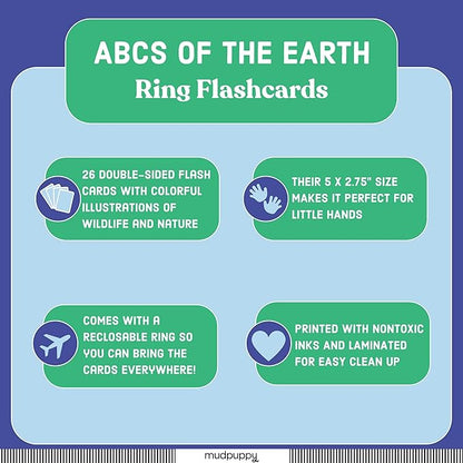Mudpuppy ABCs of The Earth — Ring Flashcards 26 Durable Double Sided Alphabet Ecological Cards and Reclosable Ring with Colorful Art for Age 1+ Perfect for Preschool Or Travel for Teachers and Parent