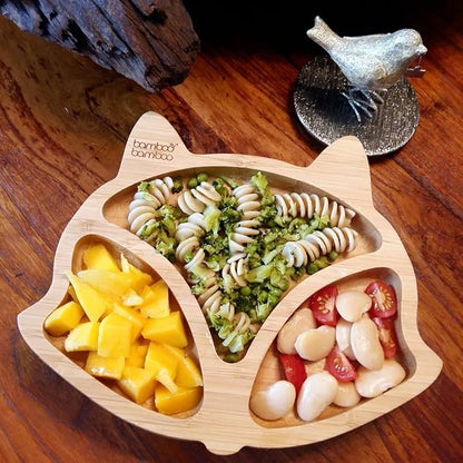 Bamboo Baby Plate with Suction - Kids and Toddler Suction Cup Plate for Babies, Non-toxic All-Natural Bamboo Baby Food Plate Stays Cool to the Touch for Baby-Led Weaning (Fox-Cherry)