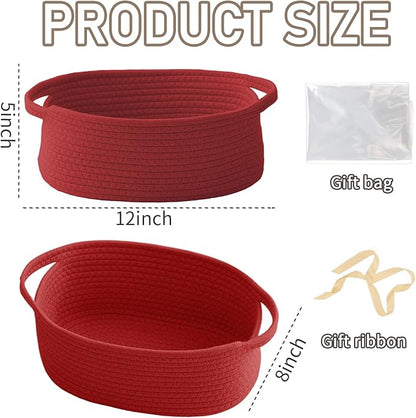 JMvicyroam Woven Basket,Small Rope Storage Bin with Handles & Ribbon Bag, Organizer for Shelves Closets,Gift Basket Empty for Birthday,Books,Dog Toys, Red/3 Pack