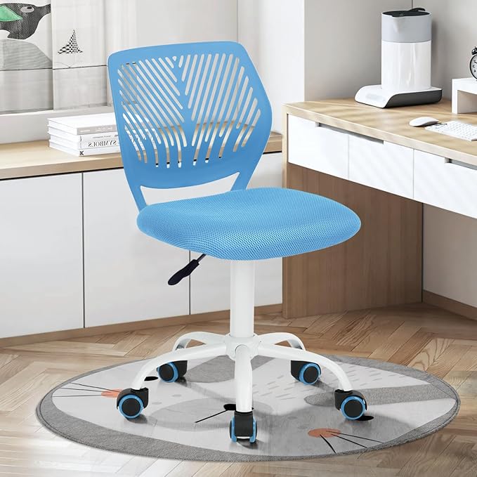 FurnitureR Desk Chair Armless Small, Mesh Comfy Home Office Chair with Plastic Low-Back, Adjustable Swivel Study Chair Computer Task Chair for Student Children Kids with Wheels, Blue