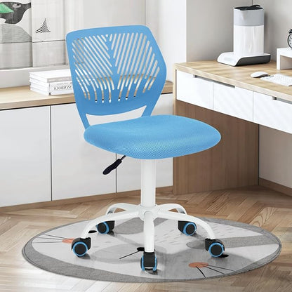 FurnitureR Desk Chair Armless Small, Mesh Comfy Home Office Chair with Plastic Low-Back, Adjustable Swivel Study Chair Computer Task Chair for Student Children Kids with Wheels, Blue