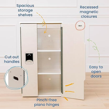 ECR4Kids Play Kitchen Refrigerator, Wooden Playset, White Wash