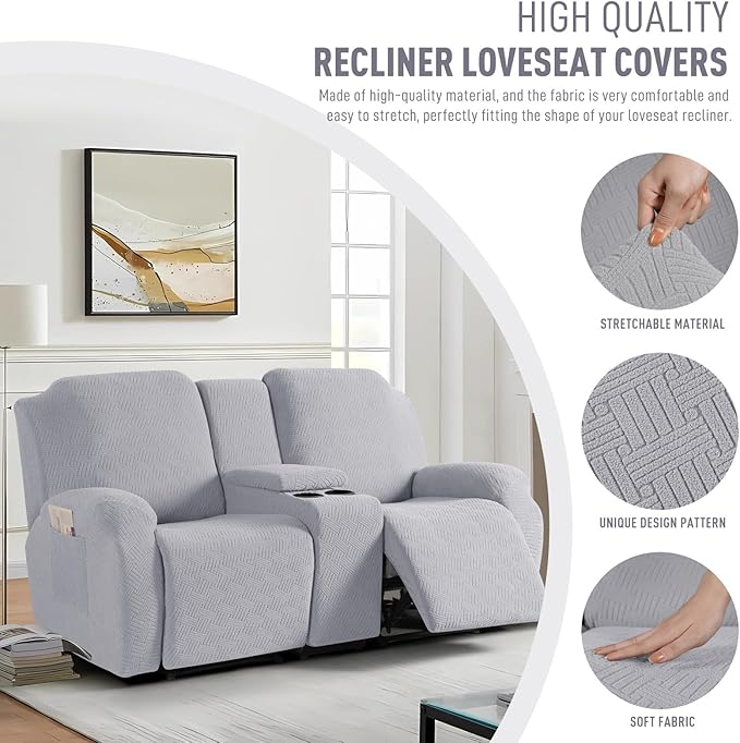KinCam Loveseat Recliner Covers with Middle Console Slipcover, Recliner Sofa Covers 2 Seat Couch Cover Stripe Jacquard Furniture Protector Covers with Elastic Bottom for Kids, Pets (Silver Gray)