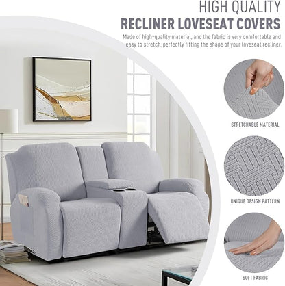 KinCam Loveseat Recliner Covers with Middle Console Slipcover, Recliner Sofa Covers 2 Seat Couch Cover Stripe Jacquard Furniture Protector Covers with Elastic Bottom for Kids, Pets (Silver Gray)