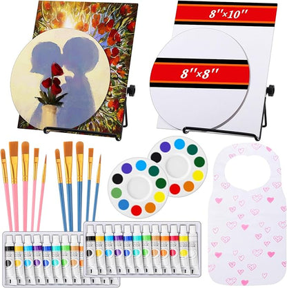 Fullhawl Valentine Acrylic Paint Canvas Easel Set, 62 Pcs Art Painting Supplies Kit with 2 Metal Easels, 2 x 10 Pcs Brushes, 2 Pcs 12 Color Tubes, 4 Canvases, 2 Palettes for Couples Student BeginnerF