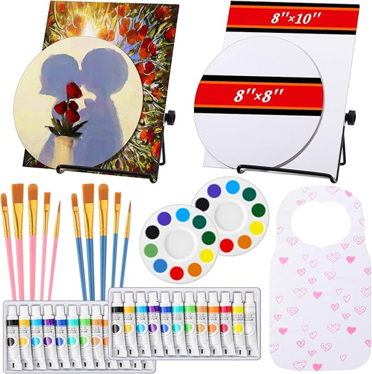 Fullhawl Valentine Acrylic Paint Canvas Easel Set, 62 Pcs Art Painting Supplies Kit with 2 Metal Easels, 2 x 10 Pcs Brushes, 2 Pcs 12 Color Tubes, 4 Canvases, 2 Palettes for Couples Student BeginnerF