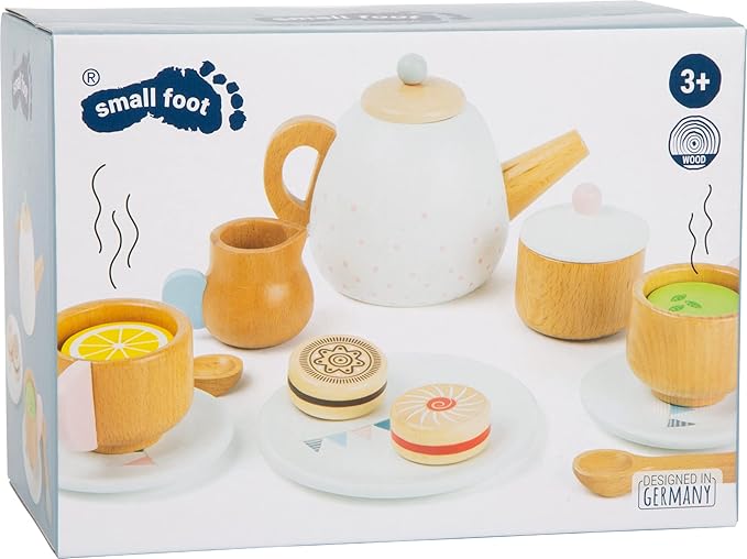 Small Foot Wooden Toys-Premium 17 Piece Toy Tea Playset- Deluxe Play Pretend Food Set Includes Tea Pot, Cookies, Plates and Teacup-Ideal for Toddlers 3+
