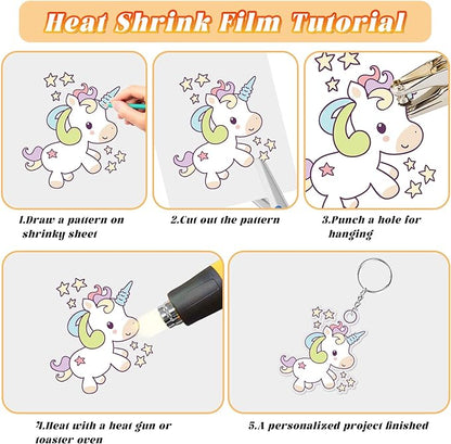 Gushu 140 Pcs Shrink Dink Sheets Keychain Making Kit, 20 Blank Heat Shrinky Art Papers (7.9 x 5.7 Inch) with 120 Keychain Accessories for DIY Crafts, Creative Handprint Art for Teens & Adults