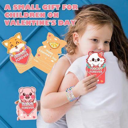 Valentine's Day card 24 packs with bracelets for kids' schools, and Valentine's Day exchange gifts with friendship beads for kids' classrooms