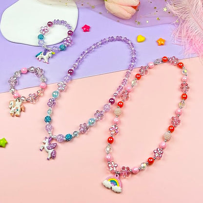 4 Sets Baby Girl Unicorn Necklace Bracelet Set Dress up Princess Pretend Play Necklace Bracelet Jewelry Gift for Toddlers Kids Jewelly Set in Gift Box