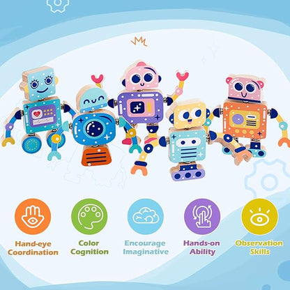 Wooden Snap-Together Building Toys, Robot Building Kit for Kids,STEM Building Blocks,Take Apart Playset 28pcs, Fine Motor Skill Montessori Educational Learning Toys Gift for 3 4 5 6 Years Kids