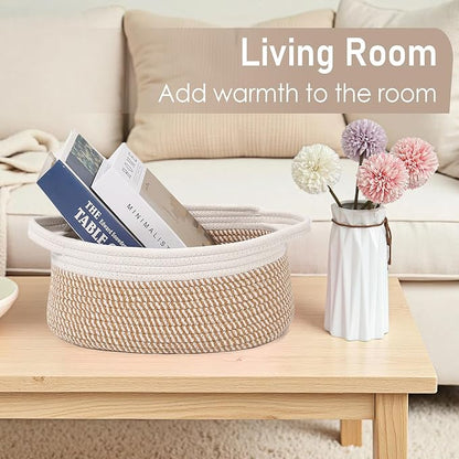 JMvicyroam Woven Basket,Small Rope Storage Bin with Handles & Ribbon Bag, Organizer for Shelves Closets,Gift Basket Empty for Birthday,Books,Dog Toys, White&Brown Block/3 Pack