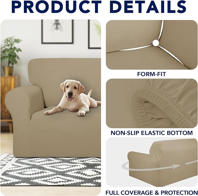 PureFit 100% Dual Waterproof Couch Cover Slipcovers for Couches and Sofas - Stretch Non Slip Fleece Sofa Covers Washable, Leakproof Furniture Protector for Kids, Pets, Dog (Loveseat, Natural)