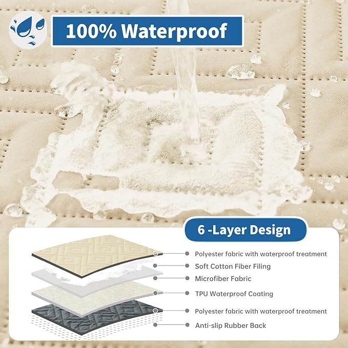 XINEAGE 100% Waterproof Recliner Cover, Non Slip Recliner Chair Cover with Elastic Band, Washable Recliner Slipcover with Storage Pockets for Kids, Pets (Beige, 23")