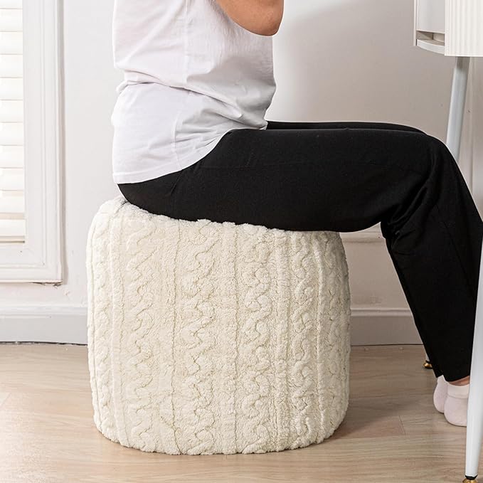 Round Ottoman Foot Rest14.6x14.6x18 Inches Boucle Ottoman Multifunctional Pouf Ottoman Foot Stool Fluffy Fur Ottoman Stool Pouf Footrest Stool for Living Room Bedroom (Ivory)