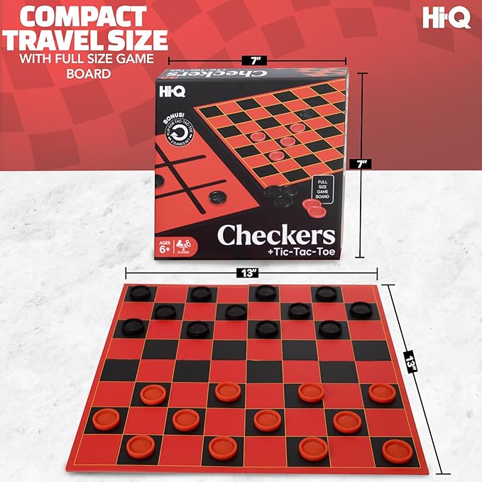 HI-Q Checkers & Tic-Tac-Toe Board Game Set – Classic Strategy for Kids & Family – Features Interlocking Stacking Pieces & Folding Board – Ages 6+