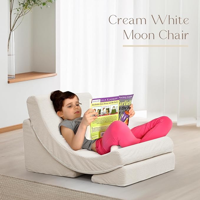 Toddler Chair Comfy Sofa, Adjustable Leg Elevating Pillow Sensory Rocker Foam Chaise Lounge Sofa Bed Comfy Floor Chair Moon Chair Reading Nook Recliner for Bedroom Playroom,Beige