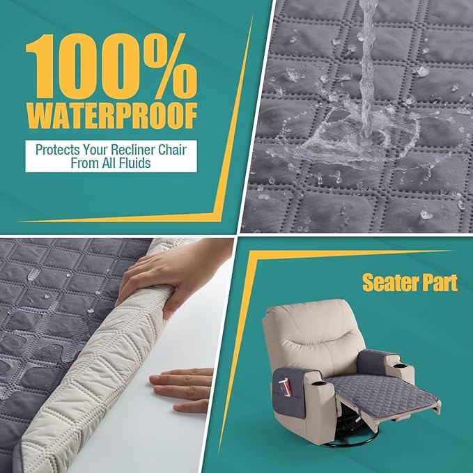 Ruaozz Waterproof Recliner Chair Covers Non Slip Chair Covers Recliner Seat Cover with Arms Washable Recliner Covers for Reclining Chair with Pocket, Covers for Recliner Chair (Dark Grey, Small-22'')