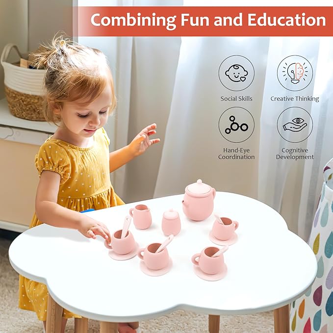 MCGMITT Silicone Tea Set, Tea Party Set for Little Girls Boys, 15 Pcs BPA Free Dishwasher Safe Pretend Tea Set for Toddlers Kids Age 3-6, Cute Toy Kitchen Accessories for Children Birthday Gifts