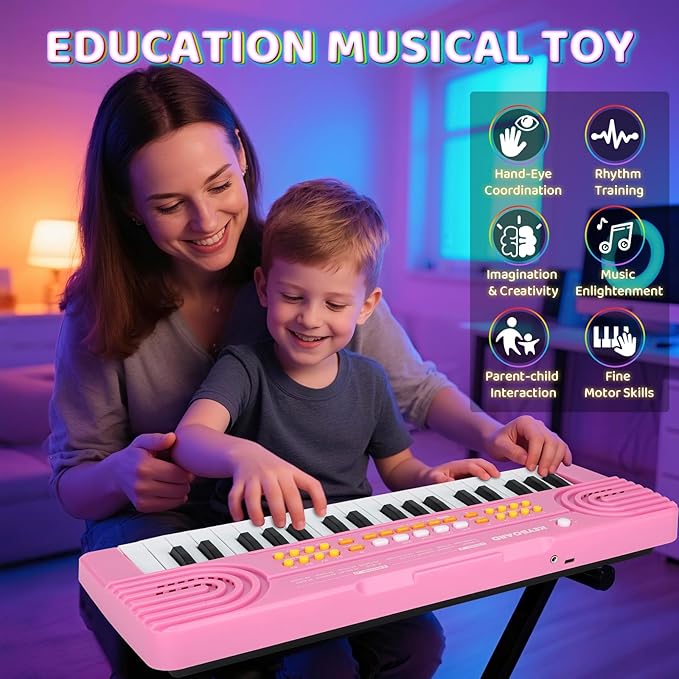 Upgraded Piano Keyboard Kids Toy for 4 Year Old Girl Birthday Gift 37 Key Pink Pianos with Microphone Toddler First Music Instrument Toys for 3 4 5 6 7 Year Old Boys Girls Gifts
